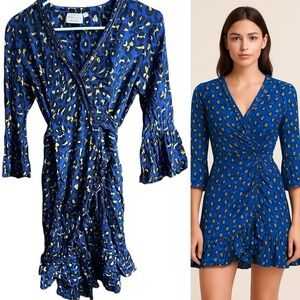 Rungolee Silk Blue Brown Black Leopard Print Wrap Hi Low Ruffle Dress Size XS